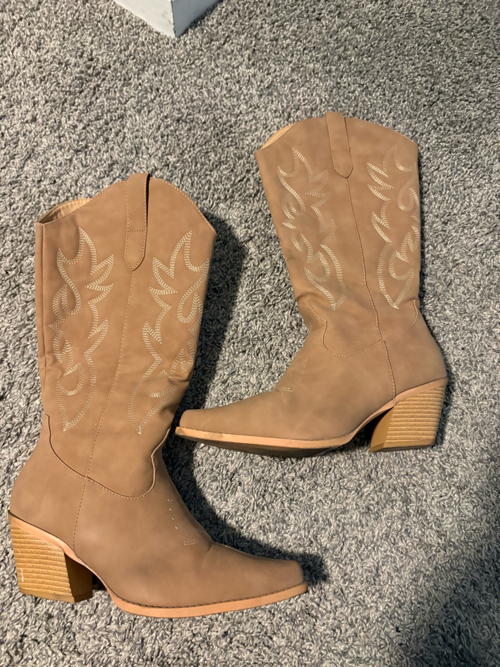 Forever brand Tan Western Embroidered Knee-High Boots wide calf.